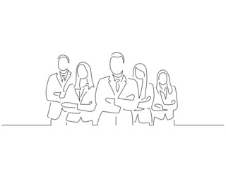 Company work team in line art drawing style. Composition of a group of business people doing their job. Black linear sketch isolated on white background. Vector illustration design.