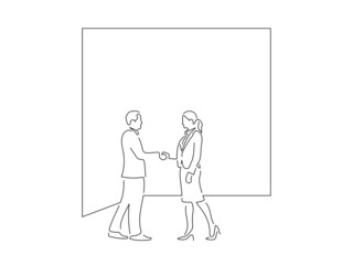 Company work team in line art drawing style. Composition of a group of business people doing their job. Black linear sketch isolated on white background. Vector illustration design.