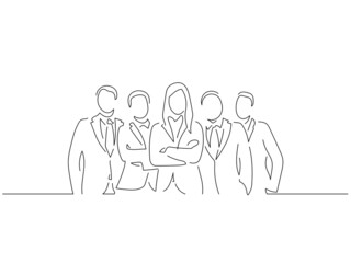 Company work team in line art drawing style. Composition of a group of business people doing their job. Black linear sketch isolated on white background. Vector illustration design.