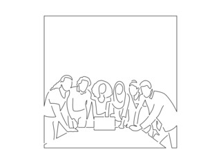Company work team in line art drawing style. Composition of a group of business people doing their job. Black linear sketch isolated on white background. Vector illustration design.