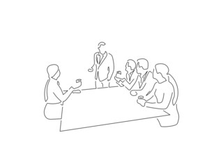 Company work team in line art drawing style. Composition of a group of business people doing their job. Black linear sketch isolated on white background. Vector illustration design.