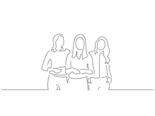 Company work team in line art drawing style. Composition of a group of business people doing their job. Black linear sketch isolated on white background. Vector illustration design.