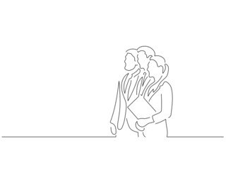 Company work team in line art drawing style. Composition of a group of business people doing their job. Black linear sketch isolated on white background. Vector illustration design.