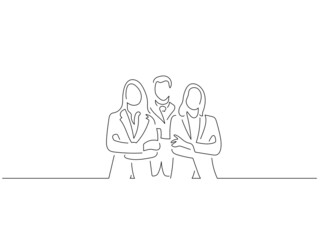 Company work team in line art drawing style. Composition of a group of business people doing their job. Black linear sketch isolated on white background. Vector illustration design.
