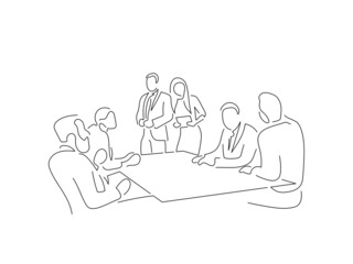 Company work team in line art drawing style. Composition of a group of business people doing their job. Black linear sketch isolated on white background. Vector illustration design.