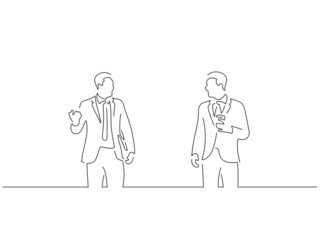 Company work team in line art drawing style. Composition of a group of business people doing their job. Black linear sketch isolated on white background. Vector illustration design.