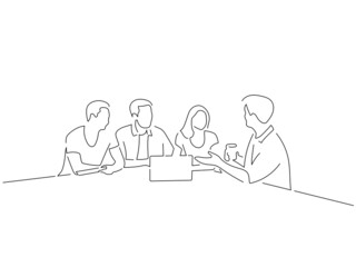 Company work team in line art drawing style. Composition of a group of business people doing their job. Black linear sketch isolated on white background. Vector illustration design.