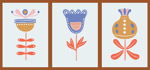 A set of three abstract minimalistic aesthetic floral illustrations. Colorful silhouettes of plants on a light background. Modern vector pop art posters for social networks, web design, interiors. 