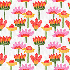 seamless pattern - embroidered craft flowers.Knitted hobby floral ornament.Vintage pattern for fabric with flowers, leaves, tulips, roses.Digital embroidery.Cottage core vintage textile.Ethnic folk	