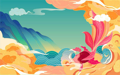 Fototapeta na wymiar Dragon boat race on the Dragon Boat Festival with clouds and koi in the background, vector illustration