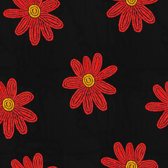 seamless pattern - embroidered craft flowers.Knitted hobby floral ornament.Vintage pattern for fabric with flowers, leaves, tulips, roses.Digital embroidery.Cottage core vintage textile.Ethnic folk