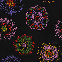 seamless pattern - embroidered craft flowers.Knitted hobby floral ornament.Vintage pattern for fabric with flowers, leaves, tulips, roses.Digital embroidery.Cottage core vintage textile.Ethnic folk