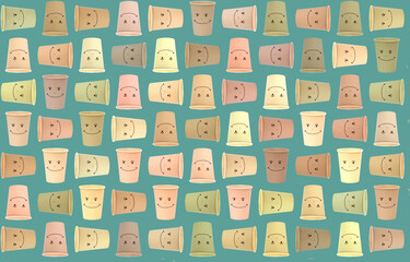 Abstract pattern from multi coloured eco paper drink cups Arranged Diagonally on green background.  Environment friendly Concept.