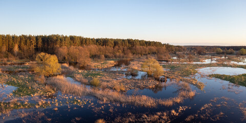 Fototapeta na wymiar Panoramic photo of valley of river full of water in the evening sunlight. Beautiful landscape of flooded area