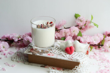 gift concept. aroma candle in a glass of natural soy wax.