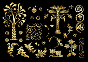 Byzantine traditional historical motifs of animals, birds, flowers and plants Clip art, set of elements for design in gold and black Vector illustration.