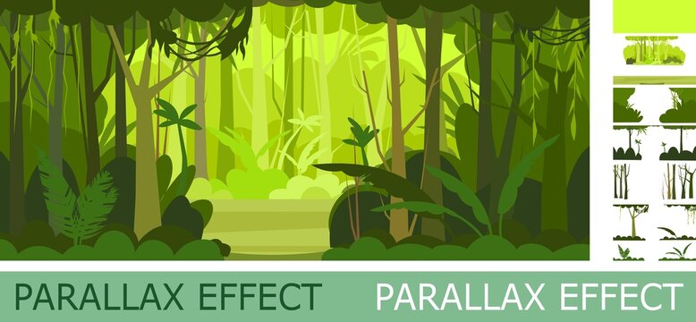 Jungle illustration with parallax effect. View on glade. Dense wild-growing tropical plants with tall, branched trunks. Rainforest landscape. Flat design. Cartoon style. Vector