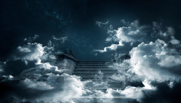 Staircase to the top. Night dramatic scene with stairs and clouds. Fantasy landscape, mountain, stairs, clouds, moonlight. 