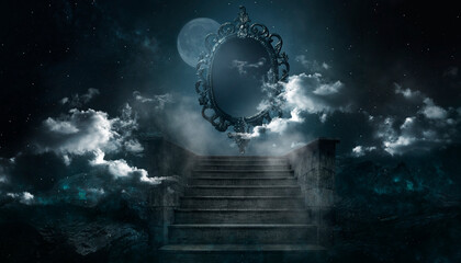 Staircase to the top, old magic mirror. Night dramatic scene with stairs and clouds. Fantasy landscape, mirror, mountain, stairs, clouds, moonlight. 3D illustration. - obrazy, fototapety, plakaty