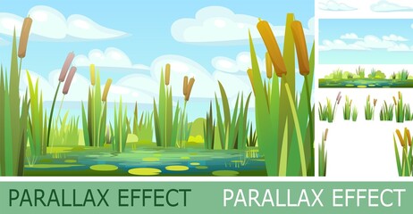 Landscape with swampy shore of lake or river with parallax effect. Coast is overgrown with grass, reeds and cattails. Water with water lily leaves. Wild pond. Vector - obrazy, fototapety, plakaty