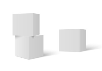 Three 3D stacked cubes. Column of white cubes. Geometric shapes background.