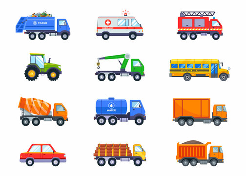 set with public and freight transport. taxi, garbage truck, ambulance, tractor, van, ambulance, van and concrete mixer on a white background. Vector illustration.