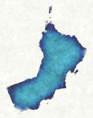 Oman map with drawn lines and blue watercolor illustration - obrazy, fototapety, plakaty