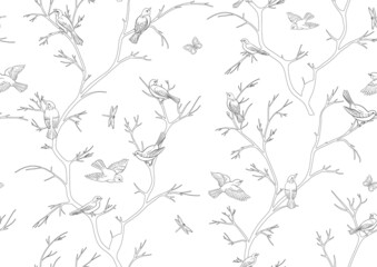 Tree branches against the sky with sparrow, finches, butterflies, dragonflies. Seamless pattern, background. Vector illustration. Chinoiserie, traditional oriental botanical motif. In botanical style