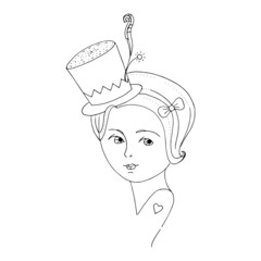Woman with a hat with a feather, illustration.