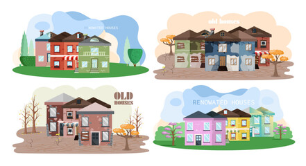 Home renovation, house before and after repair. New and old suburban cottage. Remodel construction. Old run-down house remodeled into cute traditional suburban cottage. Building maintenance service