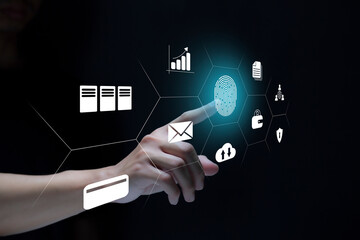 Person touching virtual screen to scan fingerprints, digital transformation management concept. Internet of Things, Big Data and Business Processes, Automation, Storage Systems, Cloud Computing