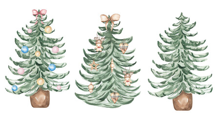 Watercolor Christmas tree with toys decoration clipart set, Winter illustration, cute decor clip art, card printing