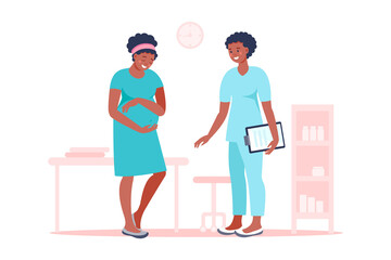 Black woman pregnant with doctor in hospital medical office examination during pregnancy. Vector flat illustration. Pregnancy and maternity concept. Expectant mother, motherhood, single mother.