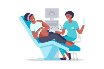 Sonographer scanning and examining black woman pregnant in hospital medical office. Examination during pregnancy. Concept of medicine ultrasound scan. Happy future mother at medical checkup.
