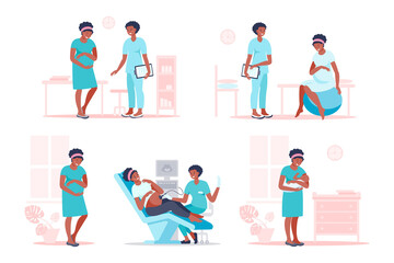 Naklejka premium Black pregnant woman visiting doctor for examination, sonographer scanning, preparing for childbirth. Happy future mother at medical checkup. Pregnancy and maternity concept. Vector flat illustration