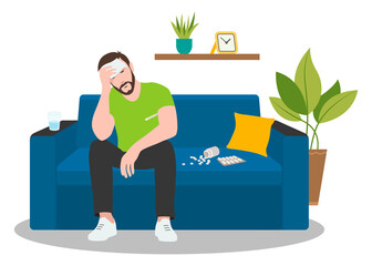 A man sits with medication on the couch and holds his head. The man fell ill. Flu. Flat design. Vector illustration on white background