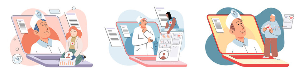 Online medical consultation and support metaphor. Online doctor. Healthcare services, Ask doctor. Tele medicine e-health service. Therapist videocalling phone screen. Diagnosis treatment of patients