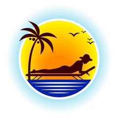 Fototapeta na wymiar Woman, Sun, Ocean, Beach and Palm Logo. Girl sunbathing at sunset. Summer Beach design on blue background. Vector illustration