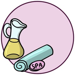 A set for spa, relaxation, fragrant oil in a glass jug, towel, soap, a round card with an empty place to insert. Vector