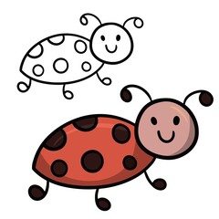 Obraz premium Set with a small red beetle, ladybug. Color vector image and line, sketch