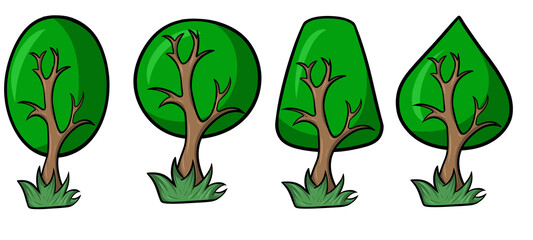 A set of different cartoon trees with different beautiful crowns, cartoon cute trees for decoration and design