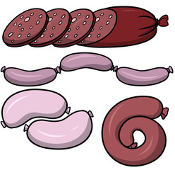 Collection of cartoon images of sausages and sausages, cut sausage in cartoon style