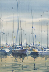 Boats and yachts in the harbor watercolor landscape