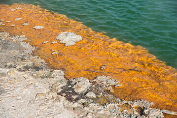 Natural wonder of a hot vulcanic lake in Rotoroa creating colorful, orange, sulphur covered stones at the waterline New Zealand, North Island