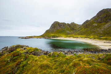 Autumn landscape and beach in Lofoten Islands, Northern Norway