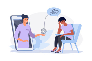 Depressed black woman sitting  on chair. Psychologist doctor consulting patient in therapy session. Online psychotherapy counseling concept. Mental health, depression. Human mental problem solutions.