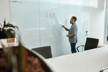Male in blazer standing and writing on a white board in a office during presentation