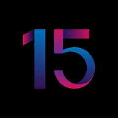 Neon blue-pink number fifteen on a black background. Vector stock image