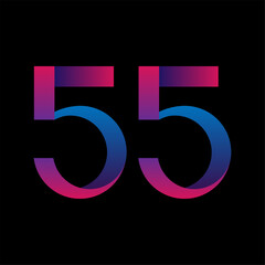 Neon blue-pink number fifty-five on a black background. Vector stock image