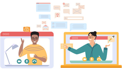 Virtual meeting, online teamwork. Desktop computer with group of colleagues taking part in video conference. Software for videoconferencing and online communication. Online skull session, webinar